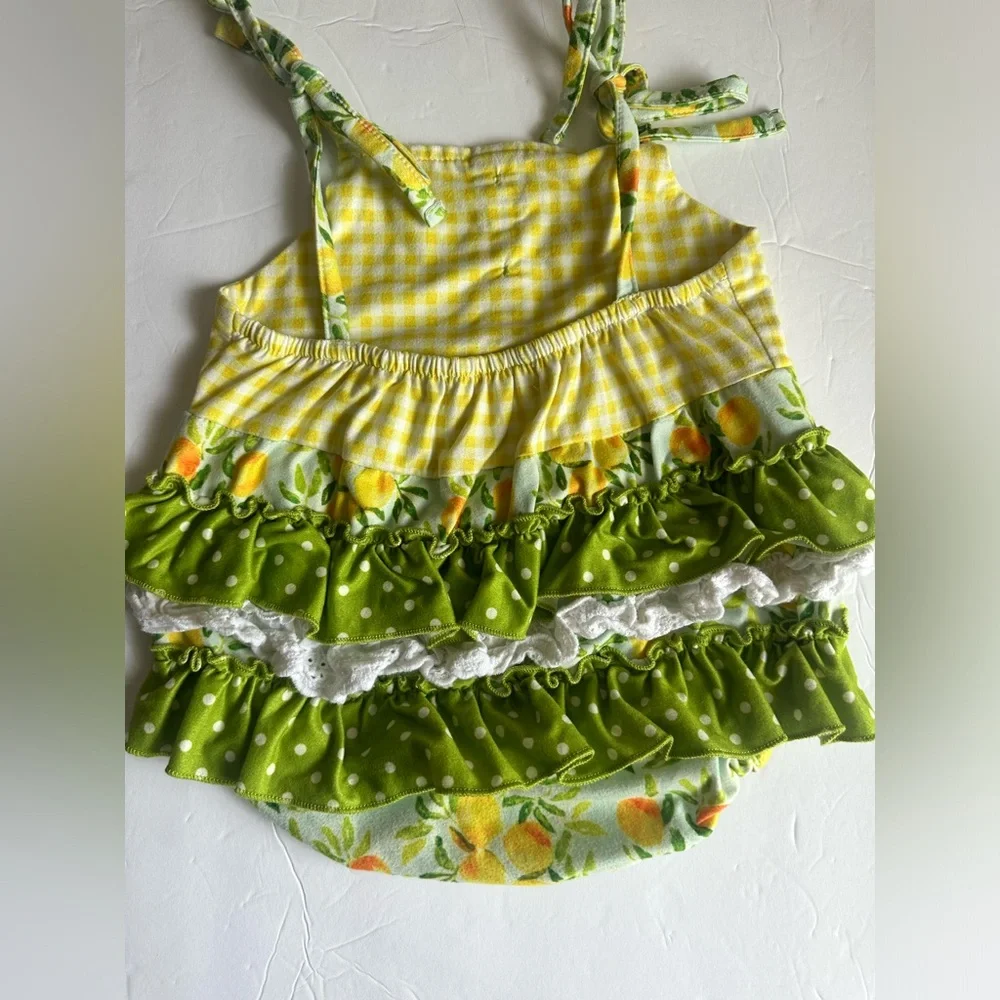Lemon Gingham Ruffle Baby Romper - Yellow & Green